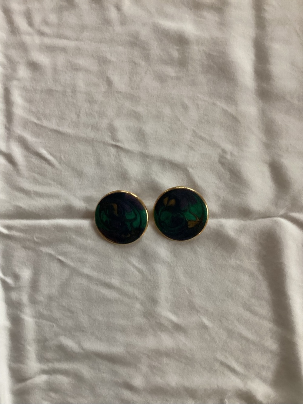Green and Blue Round Enamel Clip-On Earrings - Gold Trim